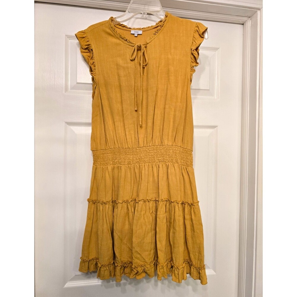 VOY linen blend Smocked Ruffle Tie Neck Mini Dress Size S drop waist cap sleeve